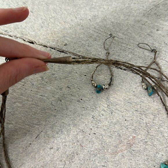 Vintage Sterling Layered Necklace With Turquoise Chunk Accents With Earrings - Picture 5 of 6
